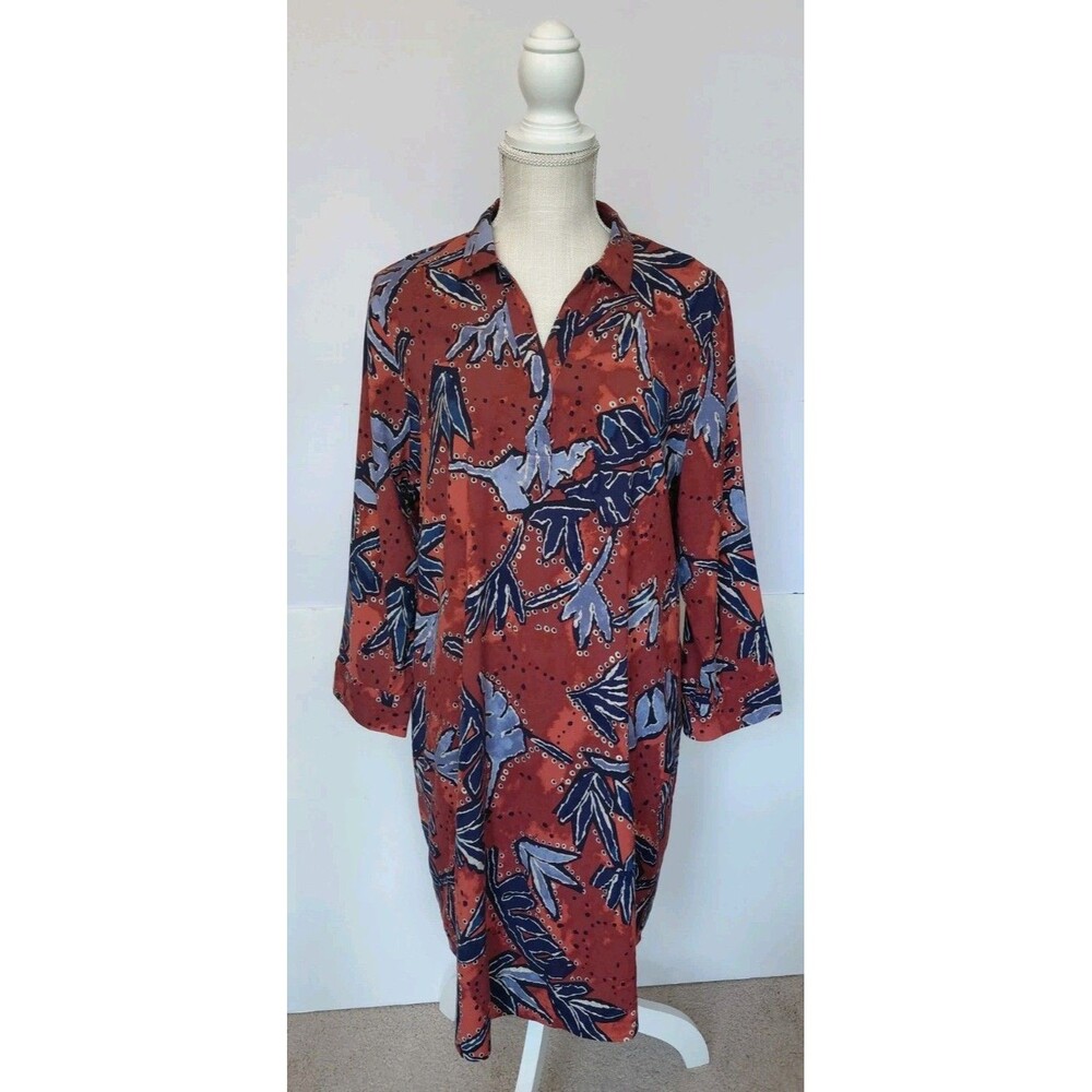 Nic+Zoe Size L Large Leaf Print Pullover Dress w/Long Sleeve and Side Pockets
